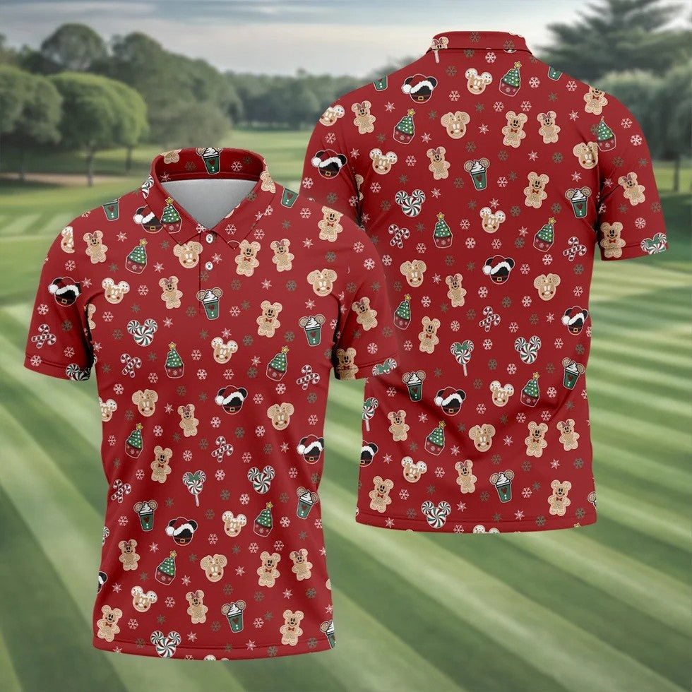 Christmas Gingerbread Red Golf Shirt, Holiday Pattern Christmas Golf Shirt, Polo Shirts For Men