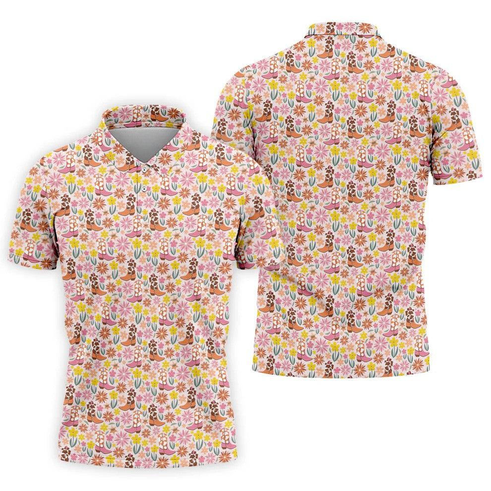 Pink Floral Cowgirl Boots Pattern Golf Polo Shirt, Mens Golf Polo, Golf Shirts For Men