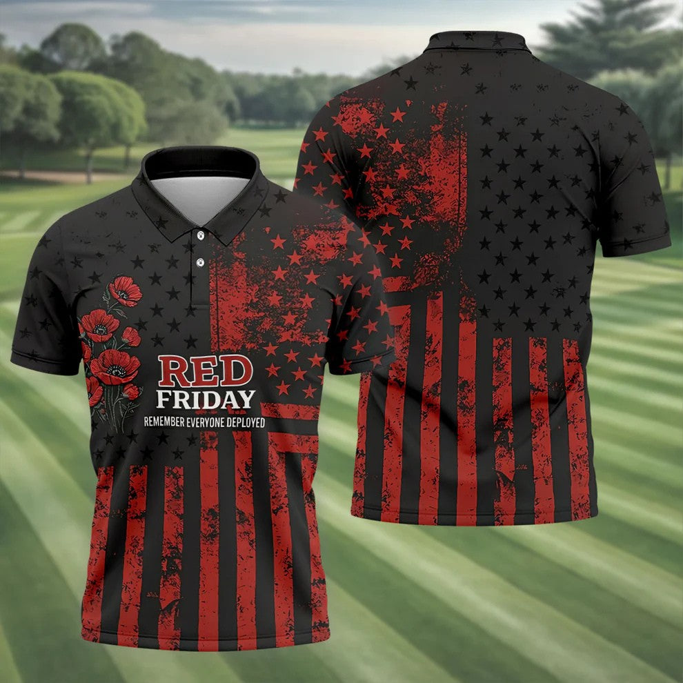 Red Friday American Flag Poppy Golf Polo Shirt, Mens Golf Apparel, Printed Golf Shirts