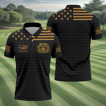 Custom Name Black Gold DD-214 Golf Polo Shirt, Veterans Day Shirt, Mens Golf Shirts
