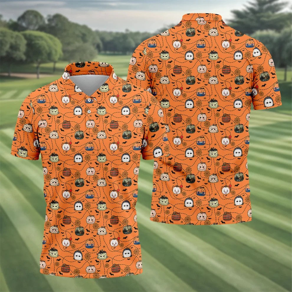 Orange Horror Character Pumpkin Pattern Golf Polo Shirt, Printed Golf Shirts, Mens Golf Polo