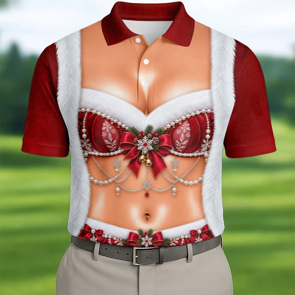 Elegant Santa Bra Bow Christmas Golf Shirt, Mens Golf Shirts, Polo Shirts For Men