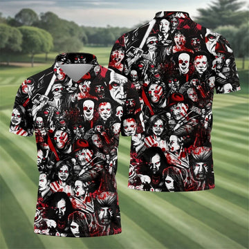 Horror Character Pattern Golf Polo Shirt, Golf Apparel For Men, Mens Polo Halloween Shirts