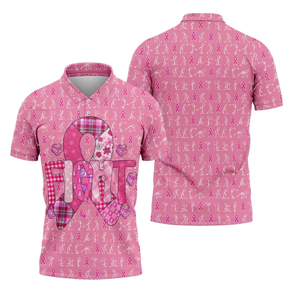 Funny Stick Figure Men's Golf Shirt, Breast Cancer Awareness Shirt, Polo ShirtFor Men, Golfing Apparel