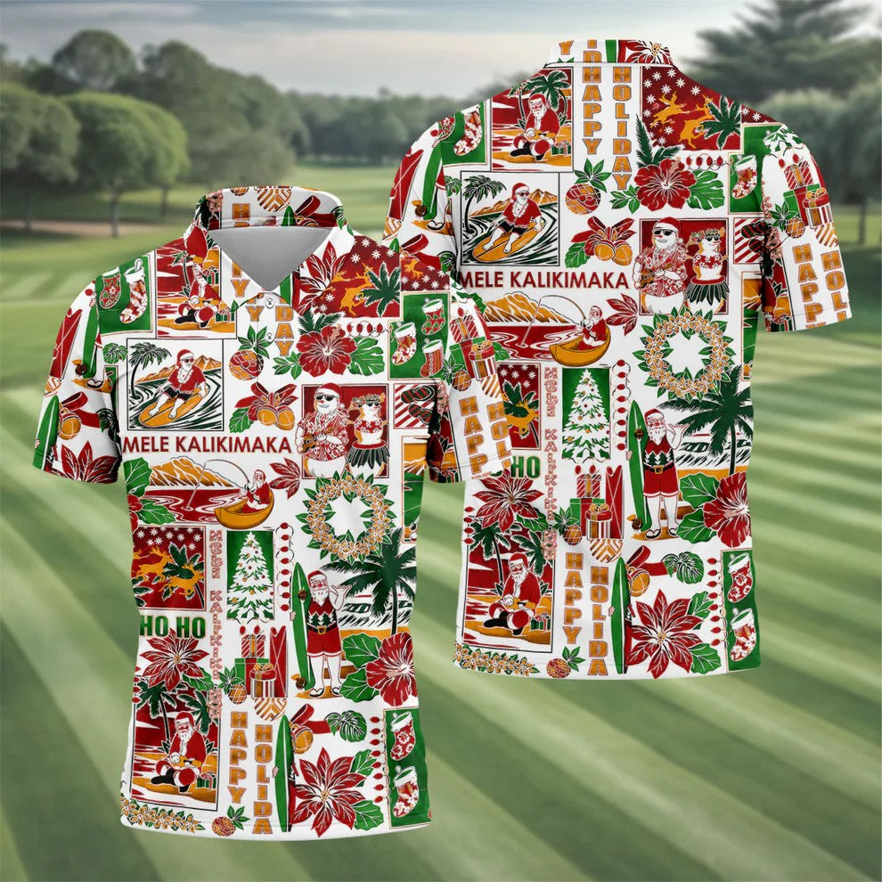 Men's Mele Kalikimaka Hawaiian Christmas Golf Shirt, Tropical Santa Holiday Golf Shirt, Golf Apparel For Men