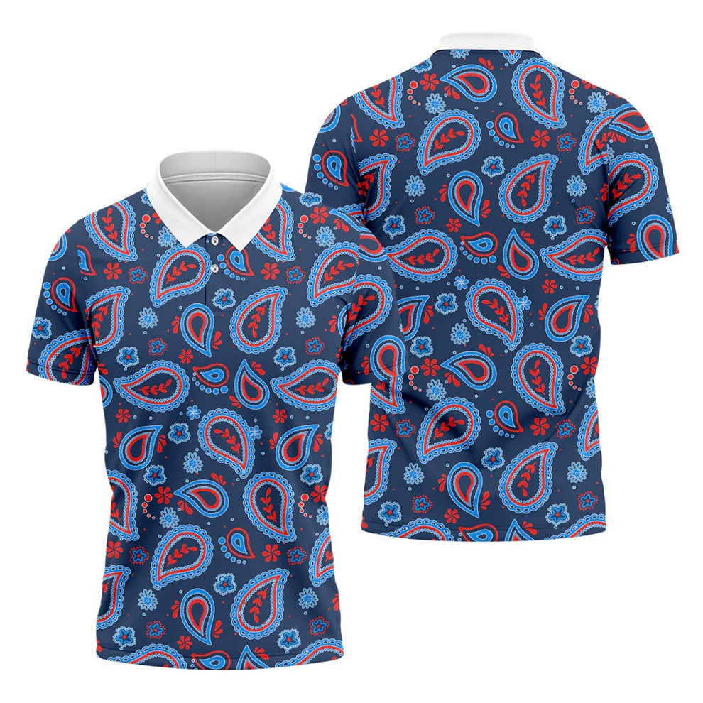 Blue Red Paisley Pattern Golf Polo Shirt, Golf Shirts For Men, Hawaiian Golf Shirt