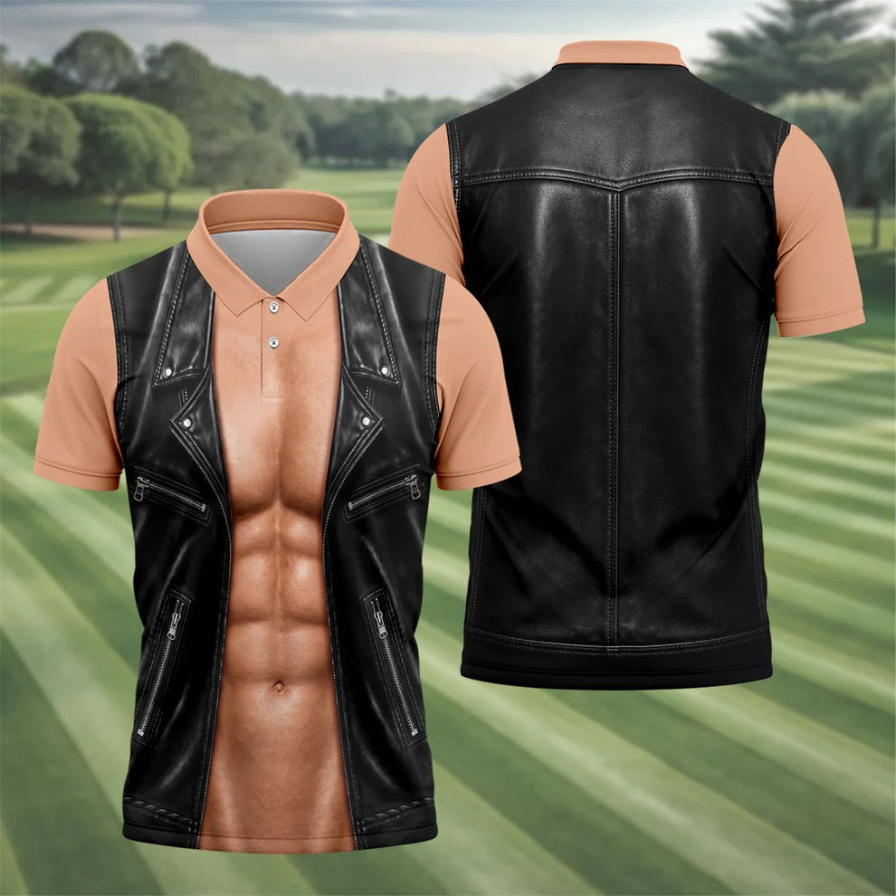Black Leather Vest Illusion Golf Polo Shirt, Men's Golf Shirt, Golf Polo Shirts For Men