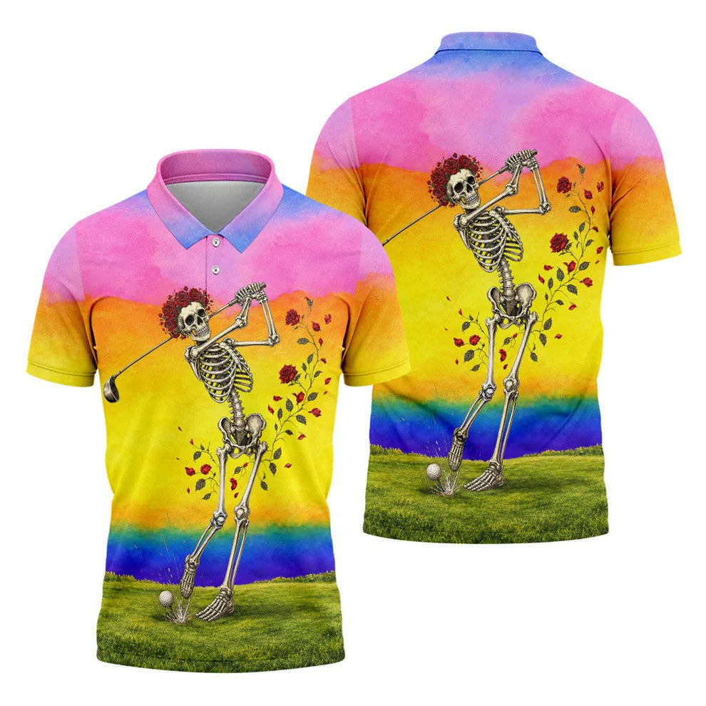 Rainbow Skeleton Golfer Golf Polo Shirt, Mens Golf Shirts, Hawaiian Golf Shirt