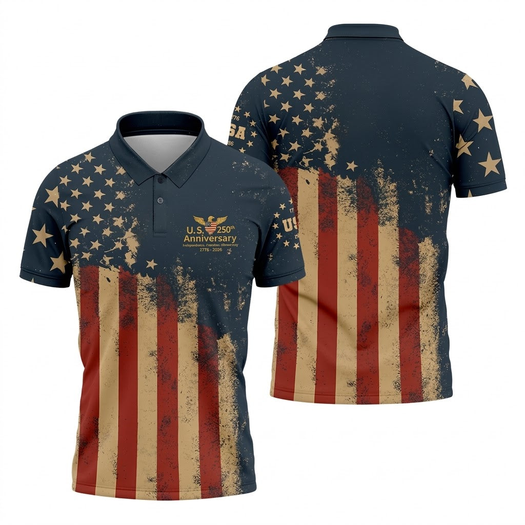 US 250th Anniversary Independence Freedom Democracy Men's Golf Polo Shirts, 4th Of July Patriotic Golf Shirt