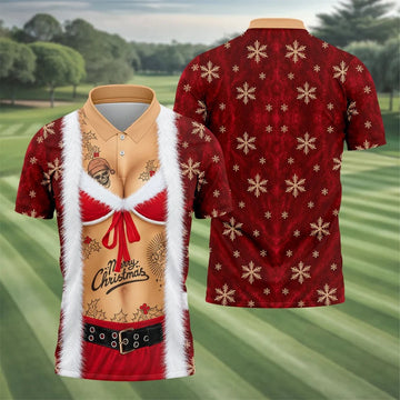 Merry Bikini Tattoo Santa Christmas Golf Shirt, Mens Golf Shirts, Mens Golf Apparel