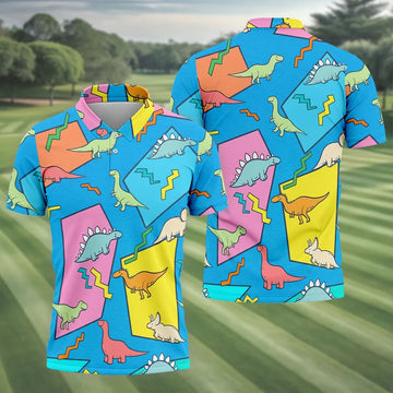 Retro Colorful Dinosaur Pattern Golf Shirt, Men's Golf Shirt, Golf Apparel For Men