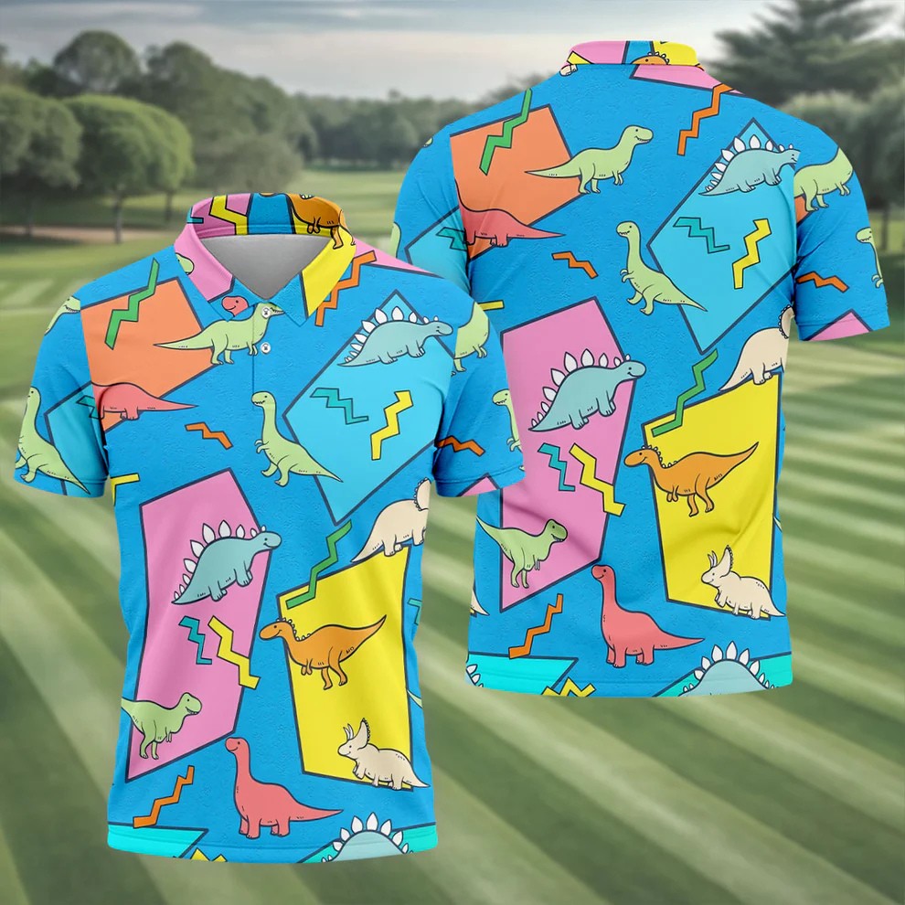 Retro Colorful Dinosaur Pattern Golf Shirt, Men's Golf Shirt, Golf Apparel For Men