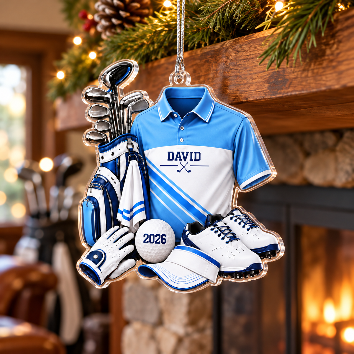 Custom Name Light Blue Golf Shirt Bag Acrylic Ornament, Christmas Gifts, Golfer Gifts