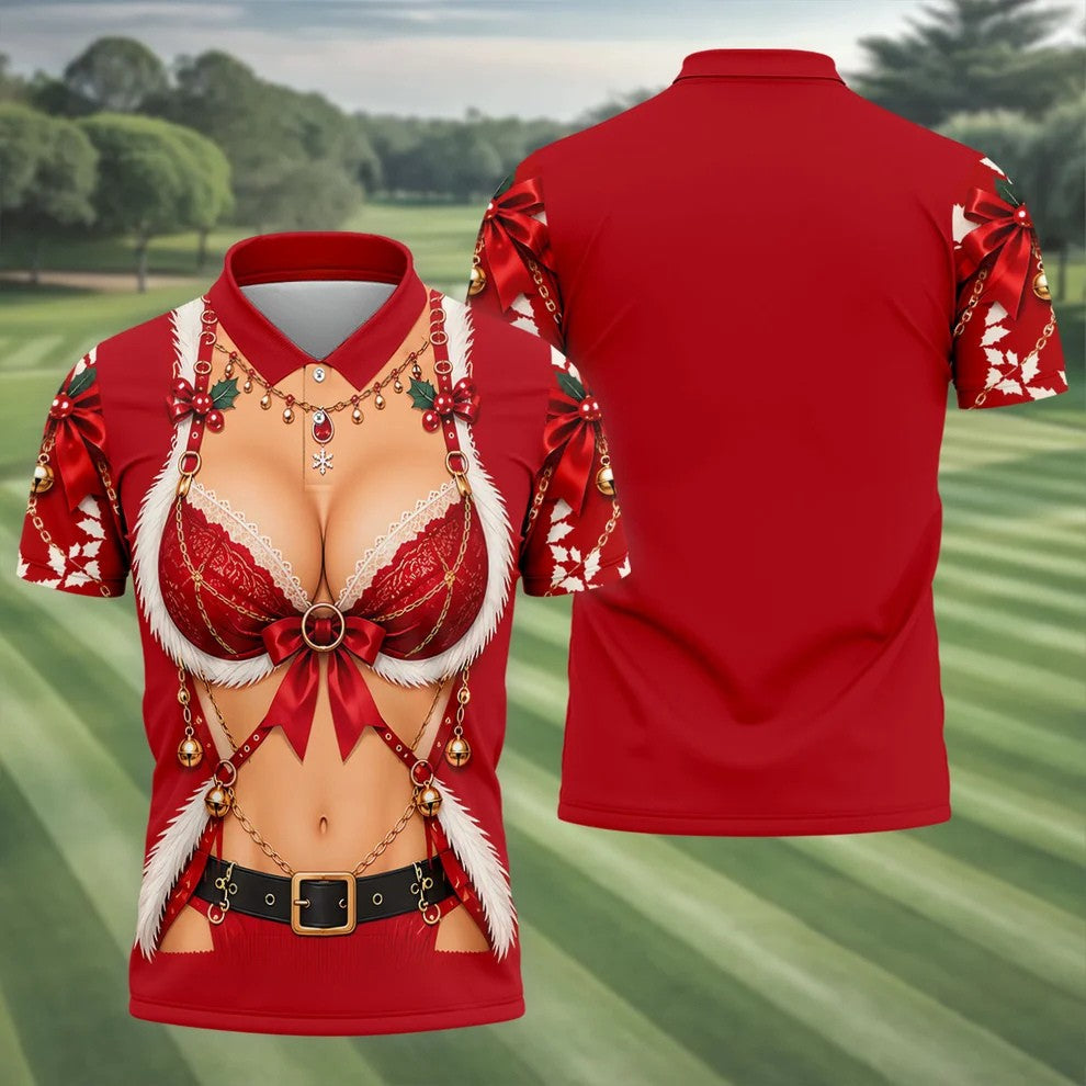 Glitter Santa Bra Fur Trim Christmas Golf Shirt, Mens Golf Shirts, Mens Golf Apparel