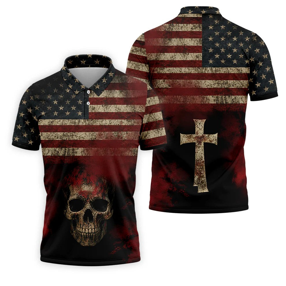 Cool Skull Faith Cross Distressed US Flag 4th Of July Golf Shirt, 250 Years Polo Shirts For Men