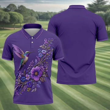 Purple Hummingbird Cancer Awareness Polo Shirt, Golf Shirts For Men, Mens Golf Apparel