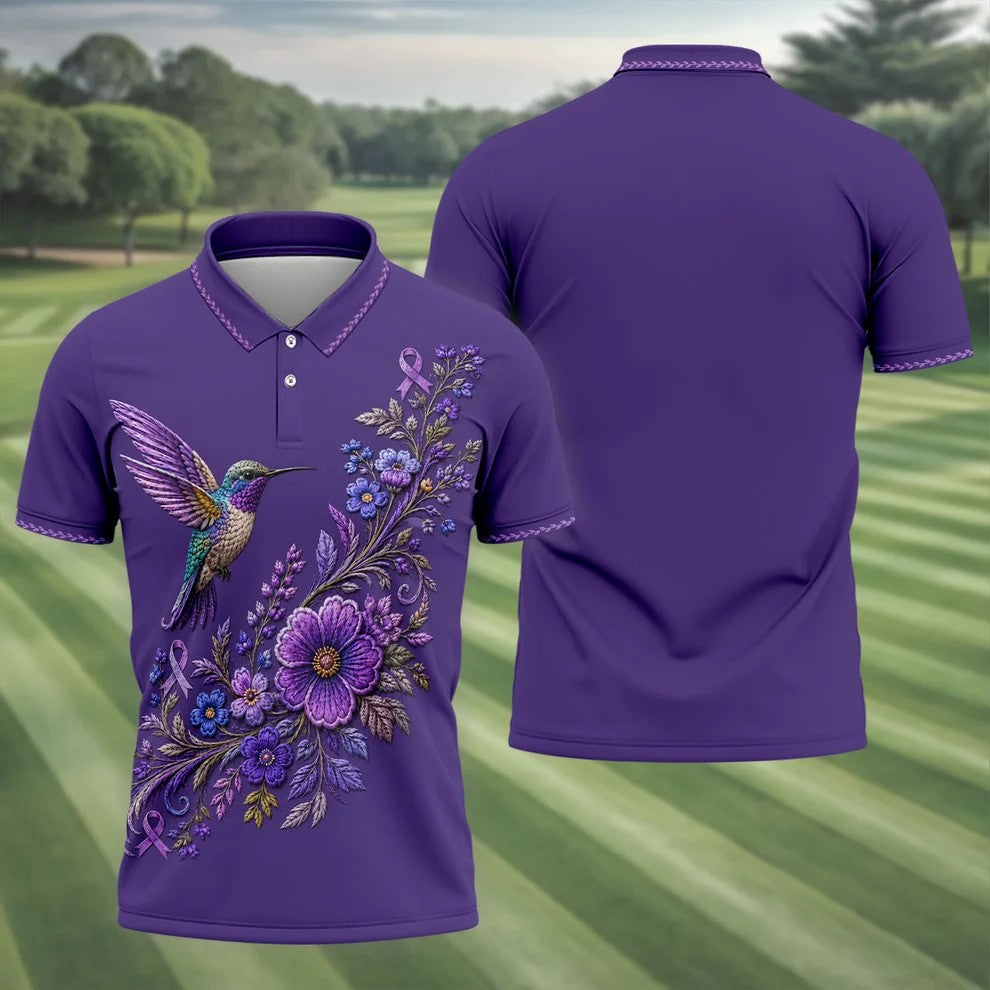Purple Hummingbird Cancer Awareness Polo Shirt, Golf Shirts For Men, Mens Golf Apparel
