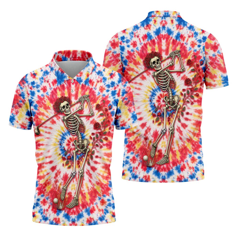 Skeleton Golfer Tie Dye Polo Shirt, Golf Apparel For Men, Golf Polo Shirts For Men