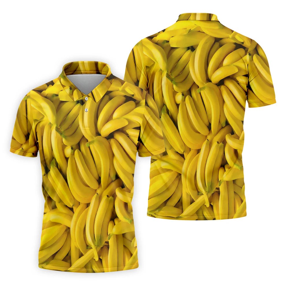 Realistic Banana Print Hawaiian Golf Shirt, Polo Shirts For Men, Mens Golf Apparel