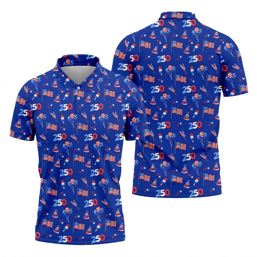 American Flags Balloon Hats Seamless Pattern 250th Anniversary Golf Shirts For Men, Patriotic Golf Shirt