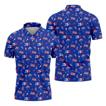 American Flags Balloon Hats Seamless Pattern 250th Anniversary Golf Shirts For Men, Patriotic Golf Shirt