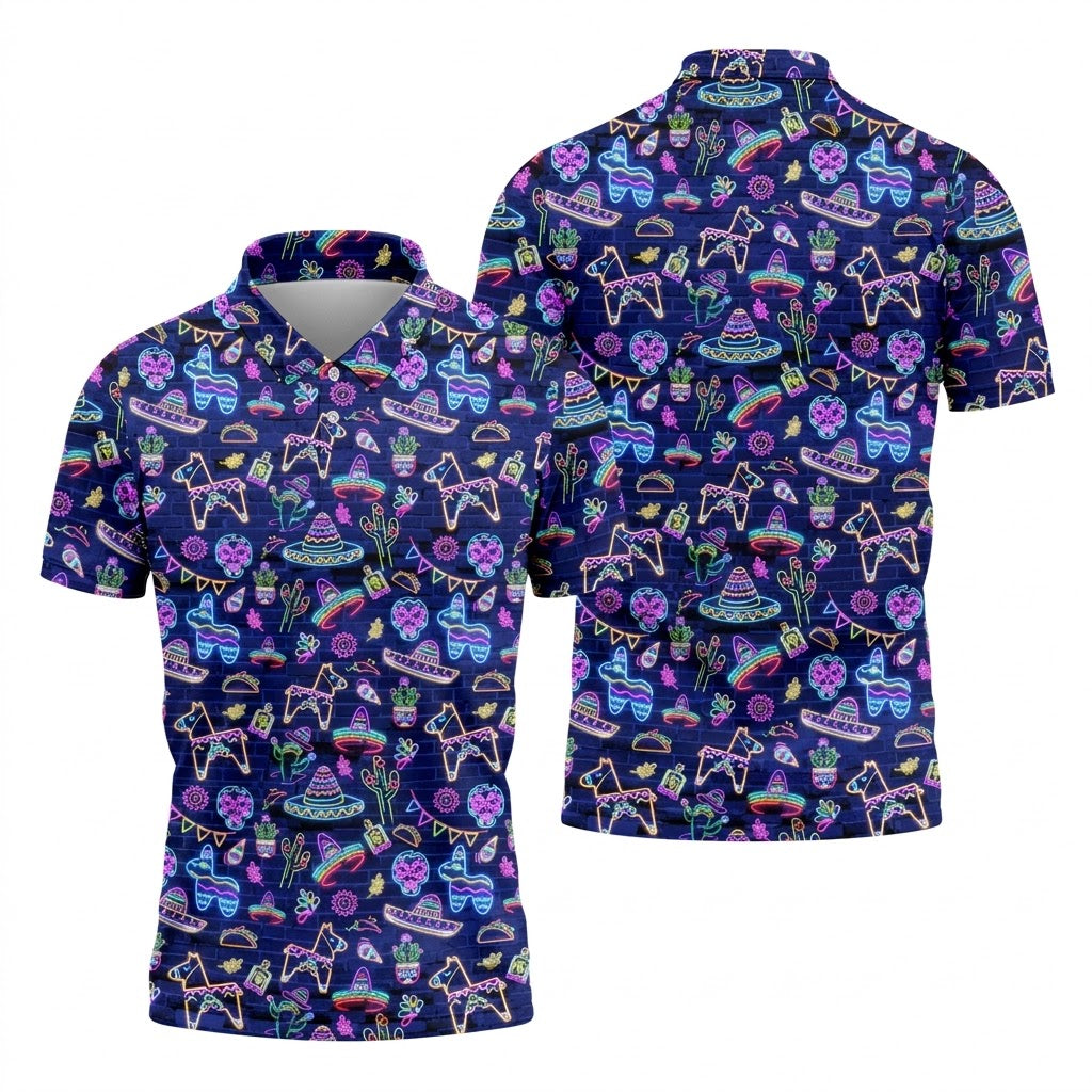 Mexican Holiday Symbols Neon Pattern Cinco De Mayo Celebration Fiesta Themed Golf Shirts For Men