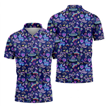 Mexican Holiday Symbols Neon Pattern Cinco De Mayo Celebration Fiesta Themed Golf Shirts For Men