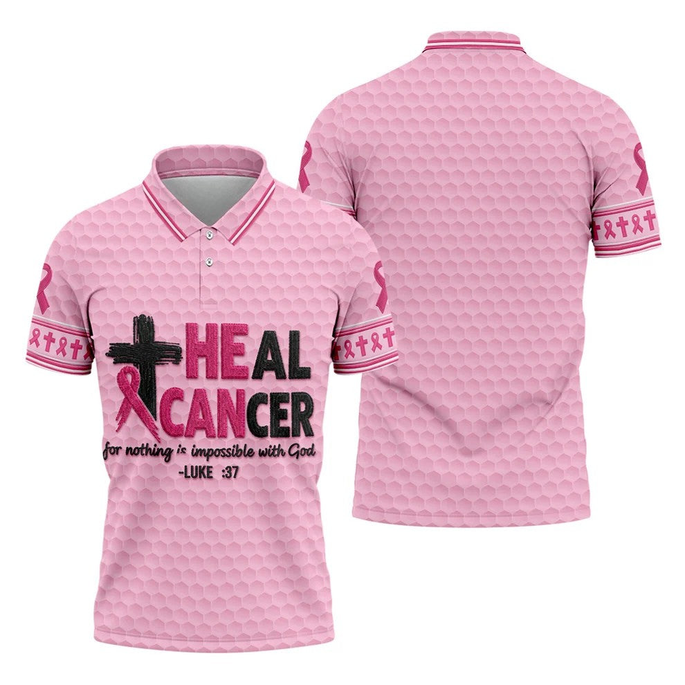 Heal Cancer Faith Pink Breast Cancer Awareness Shirt, Mens Golf Polo, Golf Shirts For Men