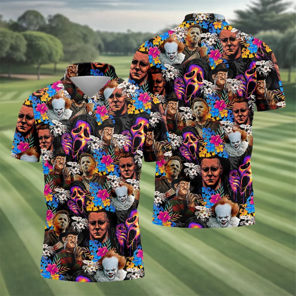 Tropical Horror Character Hawaiian Golf Shirt, Men's Golf Shirt, Halloween Golf Polo
