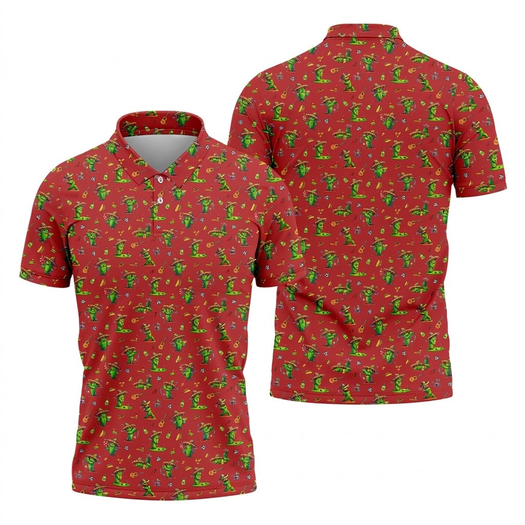 Cartoon Mustach Funny Cactus Cinco De Mayo Celebration Fiesta Themed Red Golf Shirts For Men