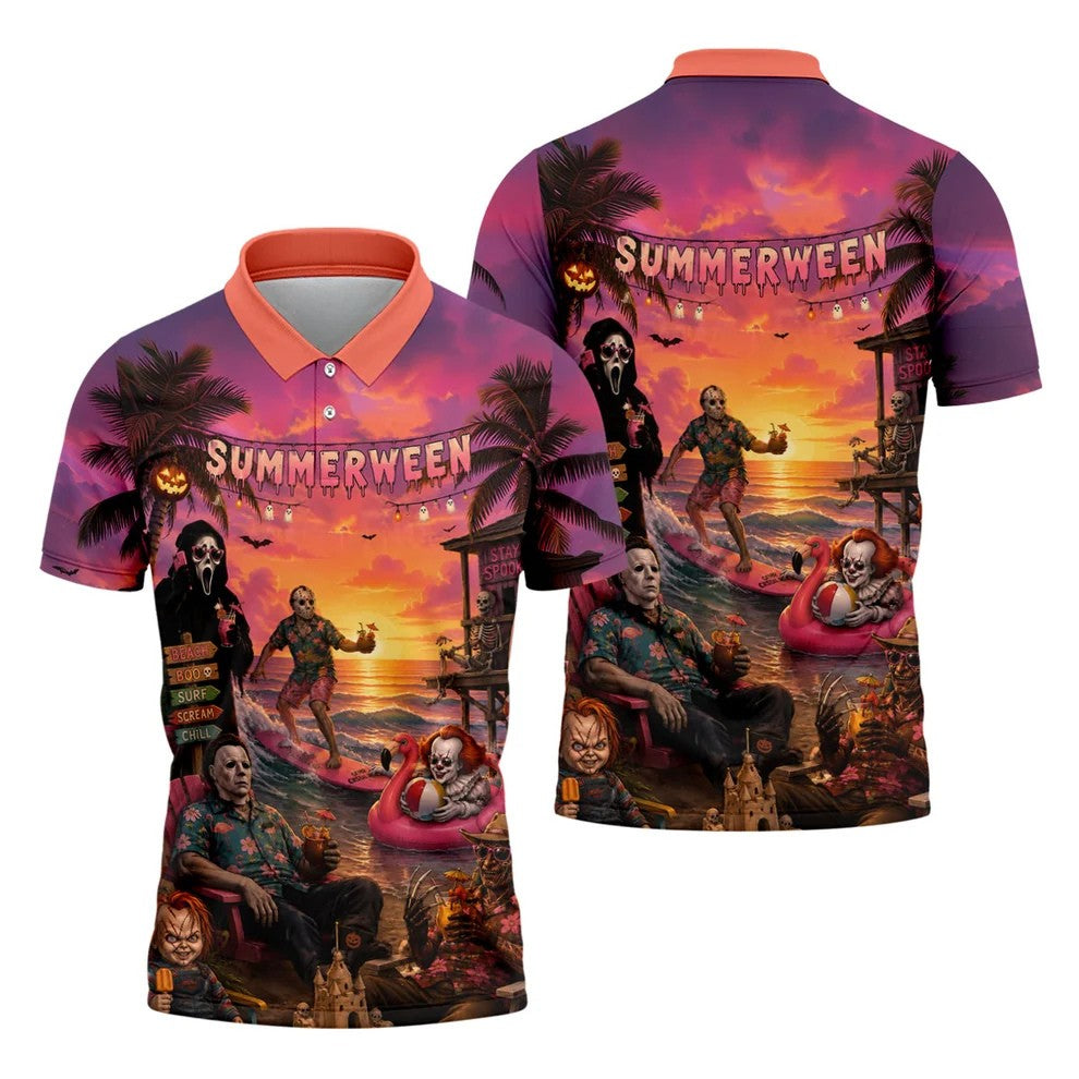 Summerween Halloween Horror Character Golf Shirt, Printed Golf Shirts, Hawaiian Golf Shirt