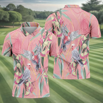 Pink Cockatoo Eucalyptus Floral Polo Shirt, Hawaiian Golf Shirt, Golf Shirts For Men
