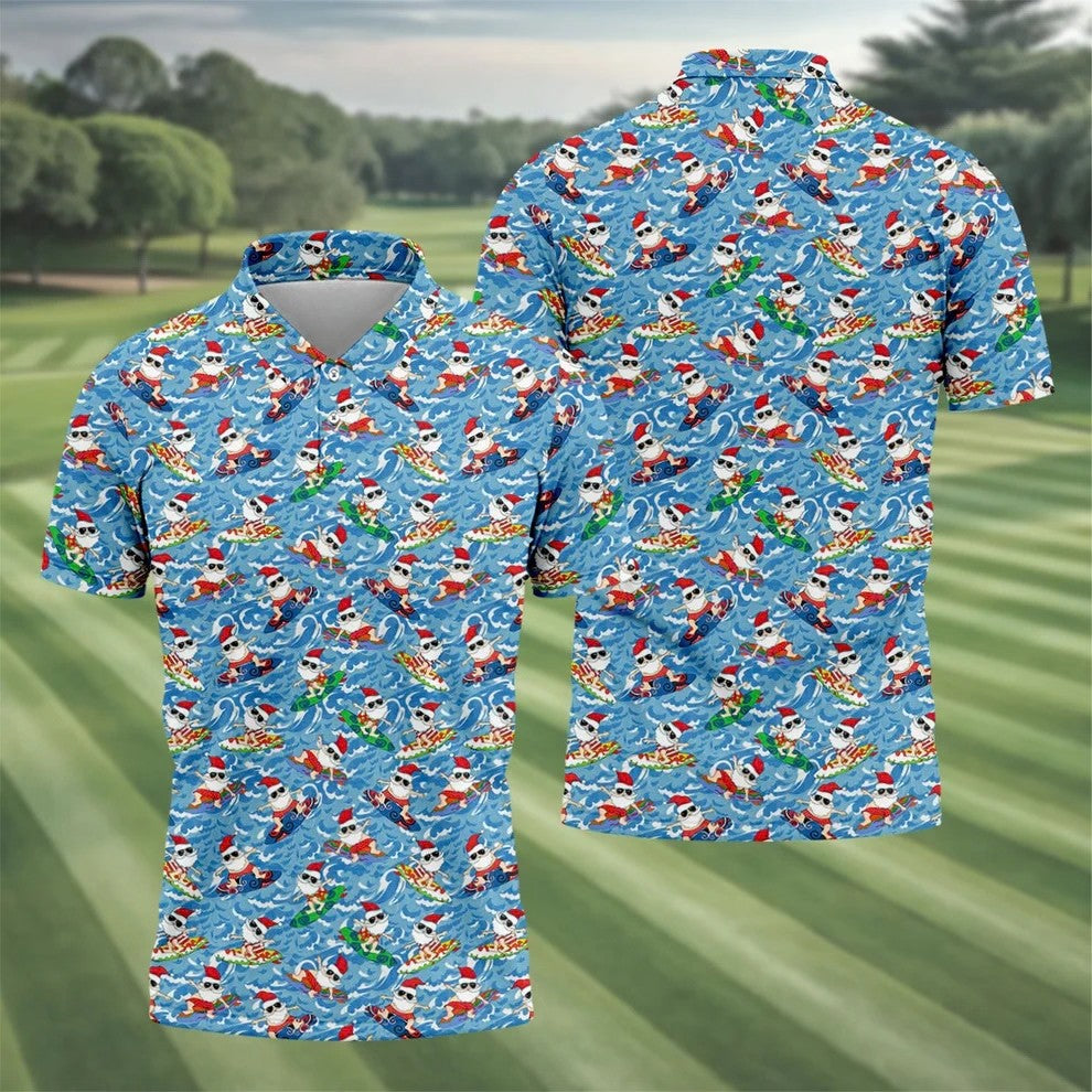 Surfing Santa Christmas Ocean Pattern Polo Shirt, Mens Golf Polo, Christmas Golf Shirt