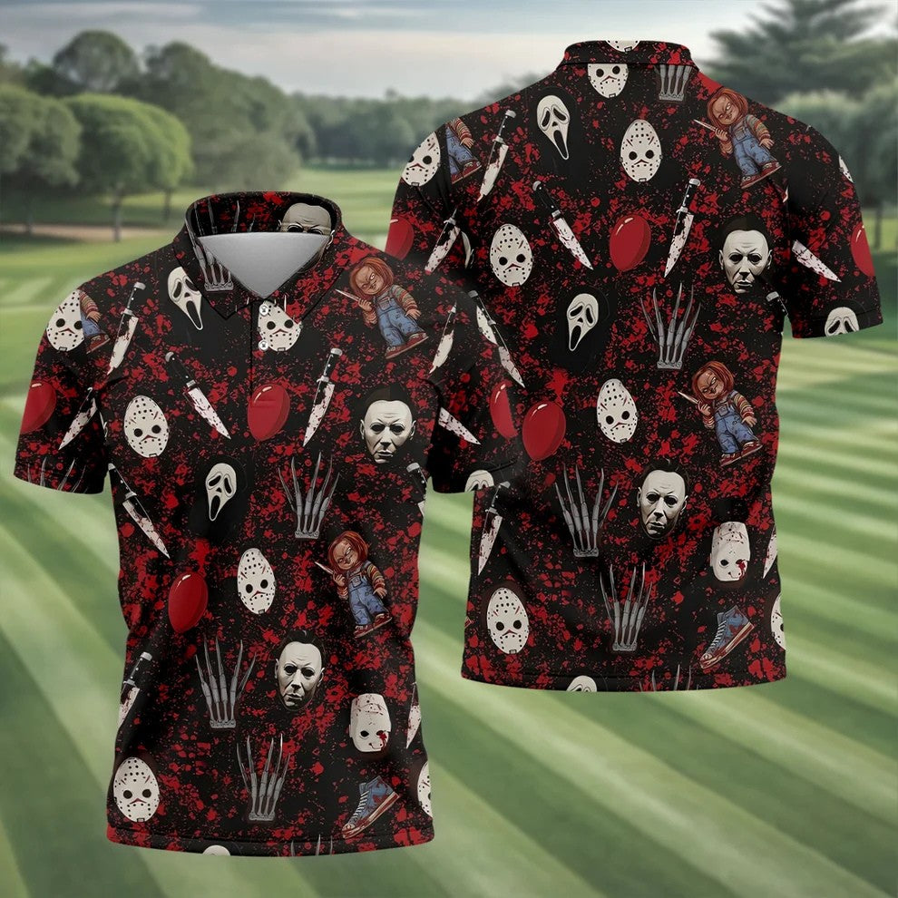Halloween Horror Character Mask Pattern Hawaiian Golf Shirt, Men's Golf Shirt, Mens Golf Polo