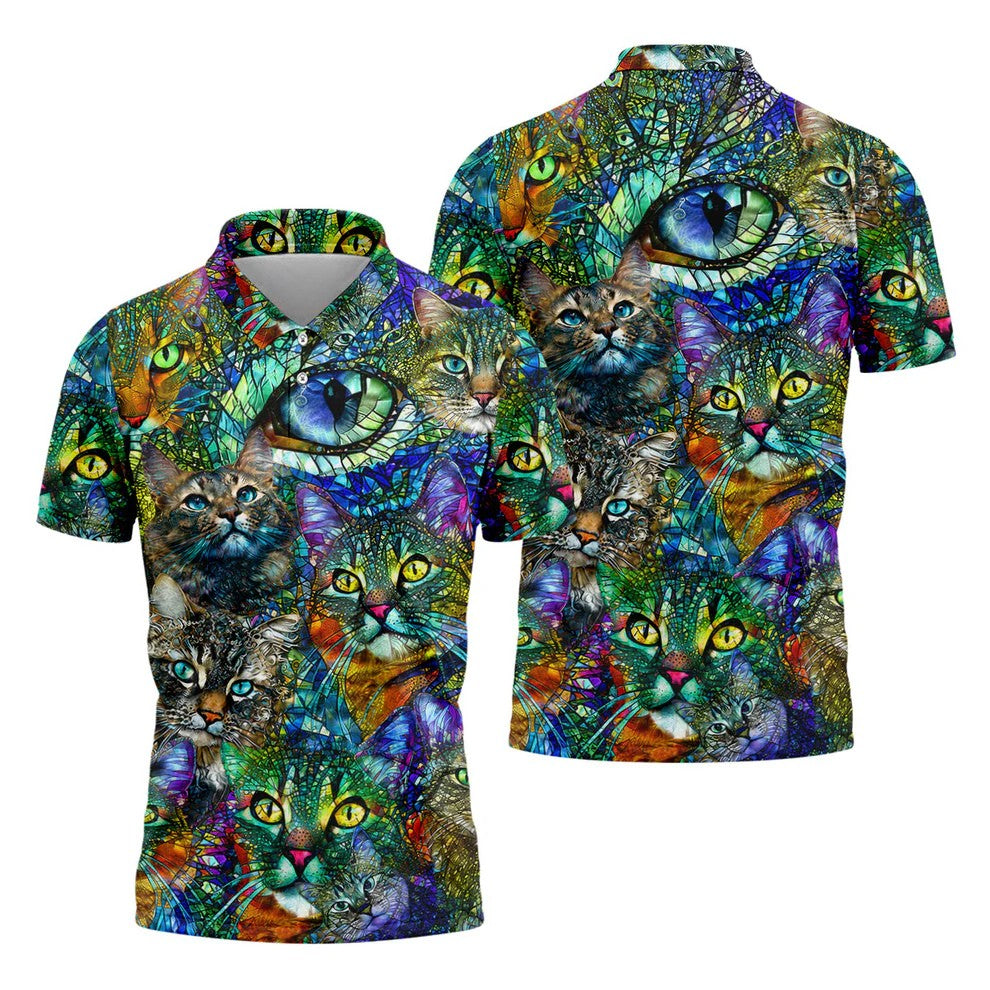Colorful Stained Glass Cat Art Golf Polo Shirt, Men's Golf Shirt, Golf Polo Shirts For Men