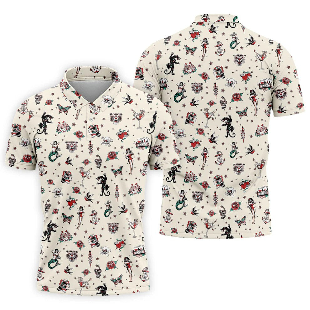 Old School Tattoo Flash Pattern Golf Polo Shirt, Men's Golf Shirt, Printed Golf Shirts