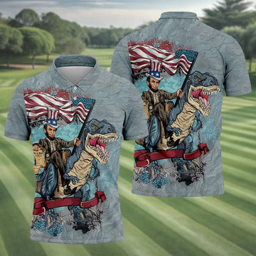 T-Rex Dinosaur US Flag Pattern 4th Of July Golf Shirt, Patriotic 250 Years Golf Shirts For Men