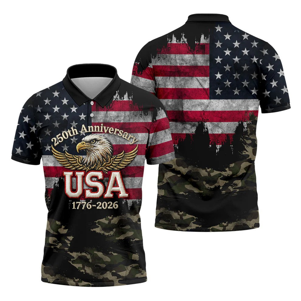 250th Anniversary Camo Golf Shirt, Distressed US Flag Patriotic 4th Of July Golf Shirts For Men