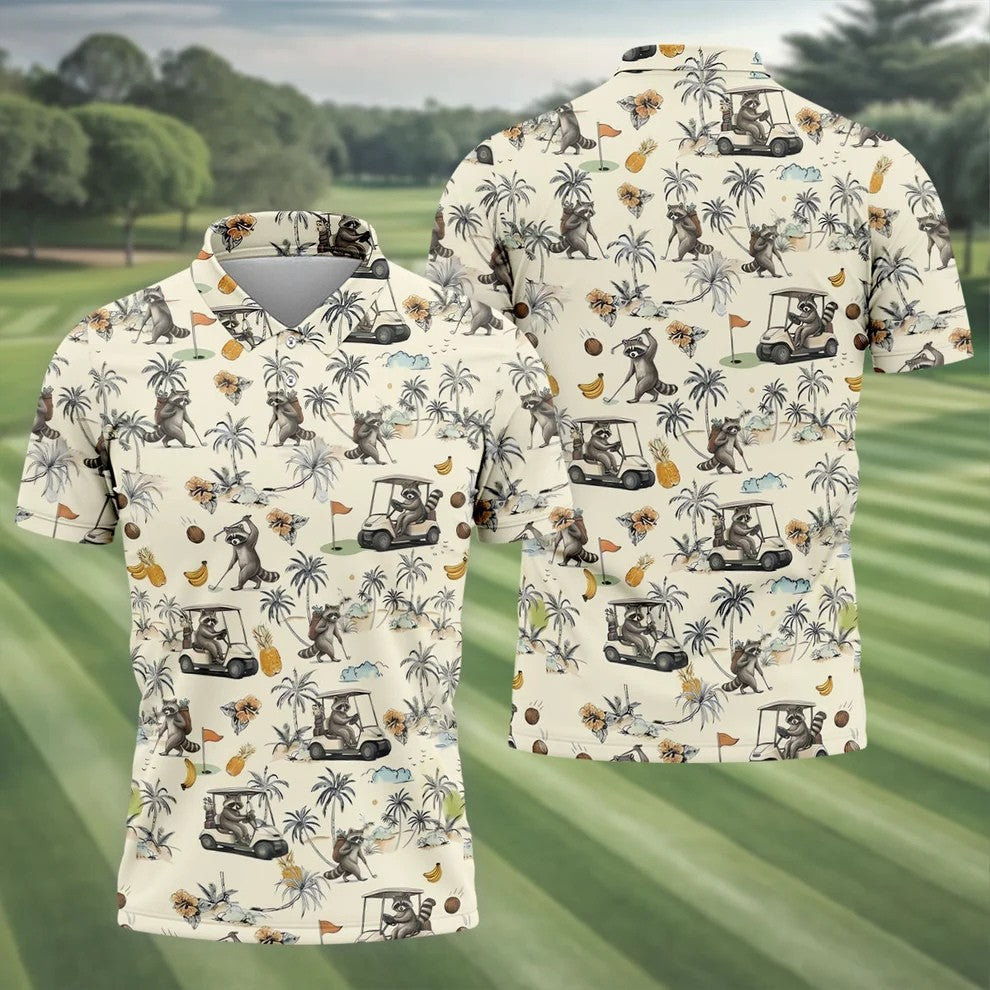Funny Raccoon Golf Cart Tropical Pattern Polo Shirt, Mens Golf Polo, Golf Apparel For Men