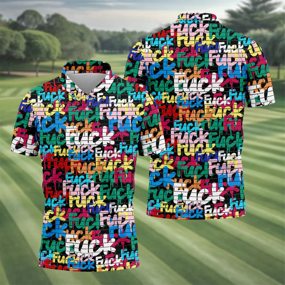 Bold Colorful Fuck Graffiti Typography Golf Shirt, Men's Golf Shirt, Golf Apparel For Men
