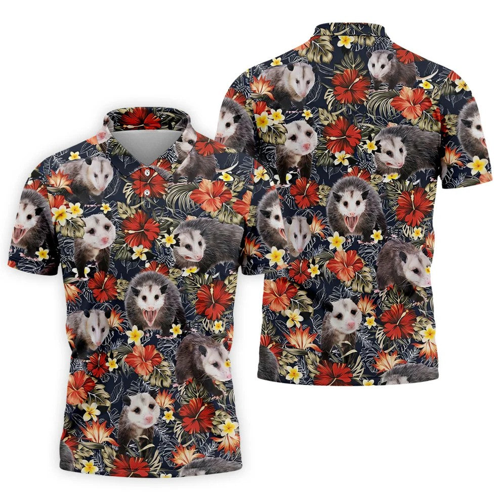 Cute Possums Hibiscus Flowers Golf Polo, Island Foliage Hawaiian Golf Shirt, Golf Tops For Men, Golfing Apparel
