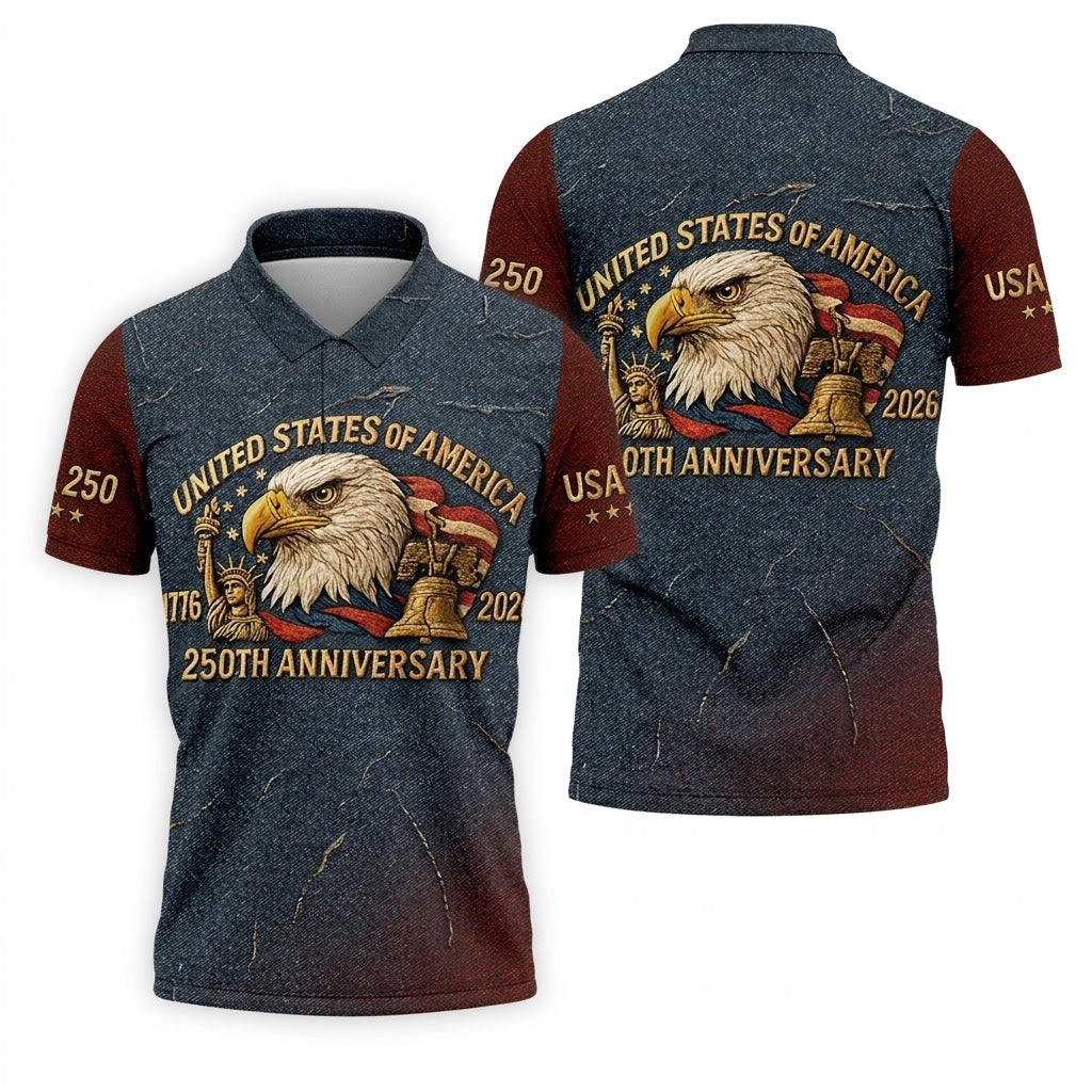 250th Anniversary American Flag And Eagle Denim Color Golf Tops For Men, Patriotic Golf Shirt, Golf Shirts For Men