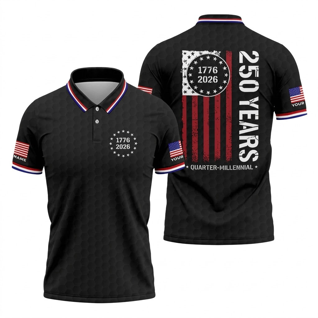 250 Years Quarter Millennnial Golf Ball Pattern Black Patriotic Golf Shirt, 4th Of July Golf Shirts For Men