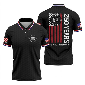 250 Years Quarter Millennnial Golf Ball Pattern Black Patriotic Golf Shirt, 4th Of July Golf Shirts For Men