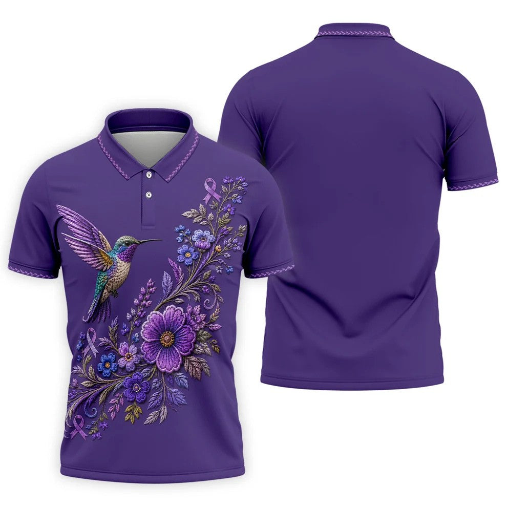 Purple Hummingbird Cancer Awareness Polo Shirt, Golf Shirts For Men, Mens Golf Apparel