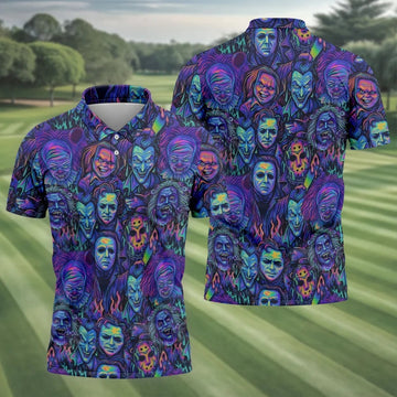 Neon Horror Character Villains Halloween Golf Shirt, Mens Golf Polo, Golf Apparel For Men