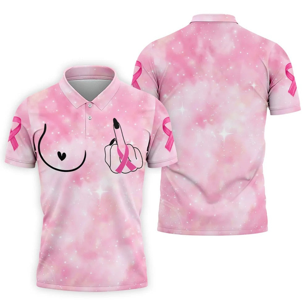 Pink Ribbon Middle Finger Breast Cancer Polo Shirt, Mens Golf Polo, Printed Golf Shirts