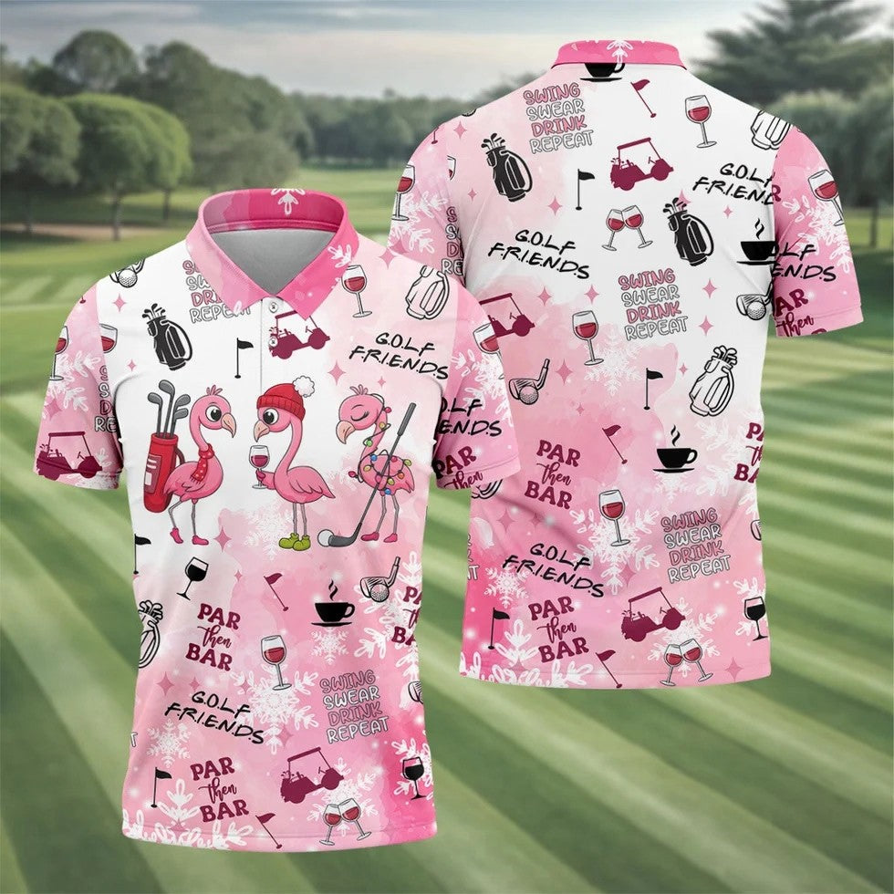 Golf Friends Par Then Bar Flamingo Christmas Golf Shirt, Golf Tops For Men, Pink Golf Polo, Golf Gift For Men