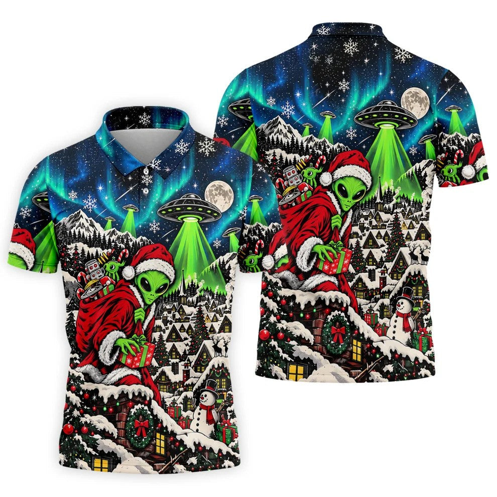 Alien Santa UFO Aurora Christmas Golf Shirt, Mens Golf Polo, Mens Holiday Golf Shirts