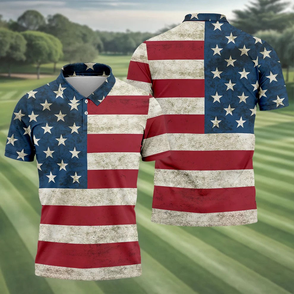 Distressed US Flag Golf Shirt, 250 Years Patriotic 4th Of July Golf Shirts For Men